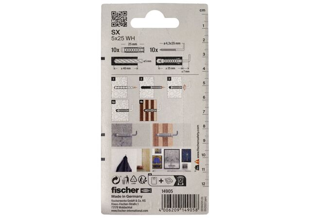 Packaging: "fischer Expansion plug SX 5 x 25 WH with angle hook"