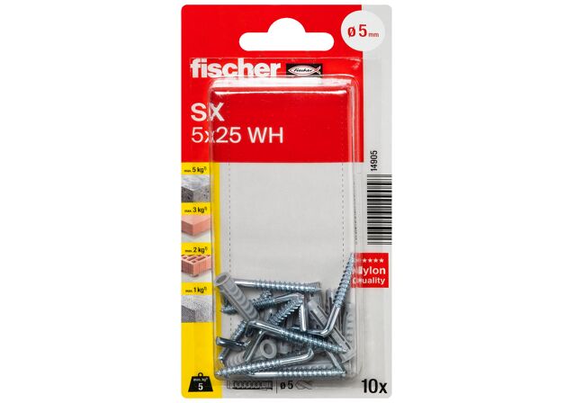 Packaging: "fischer Expansion plug SX 5 x 25 WH with angle hook"