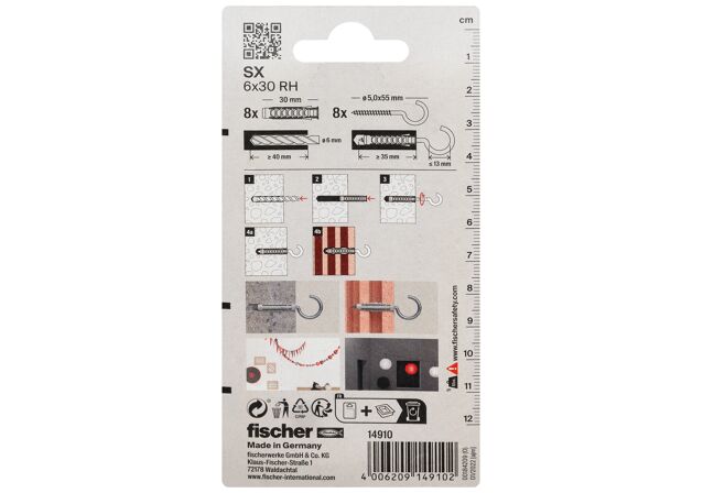 Packaging: "fischer Expansion plug SX 6 x 30 RH with round hook"