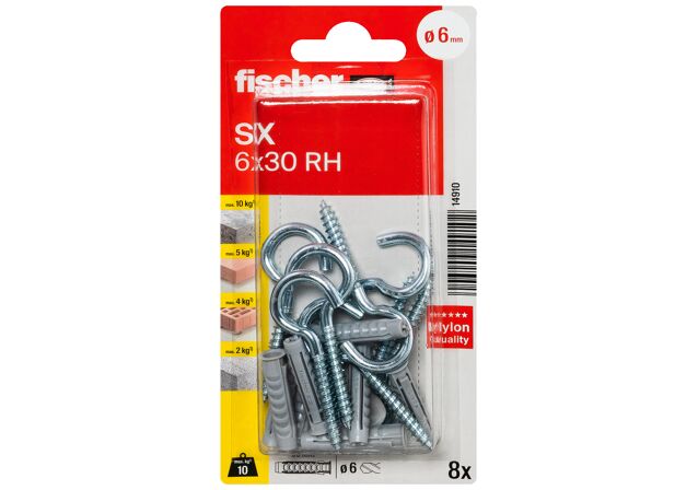 Packaging: "fischer Expansion plug SX 6 x 30 RH with round hook"