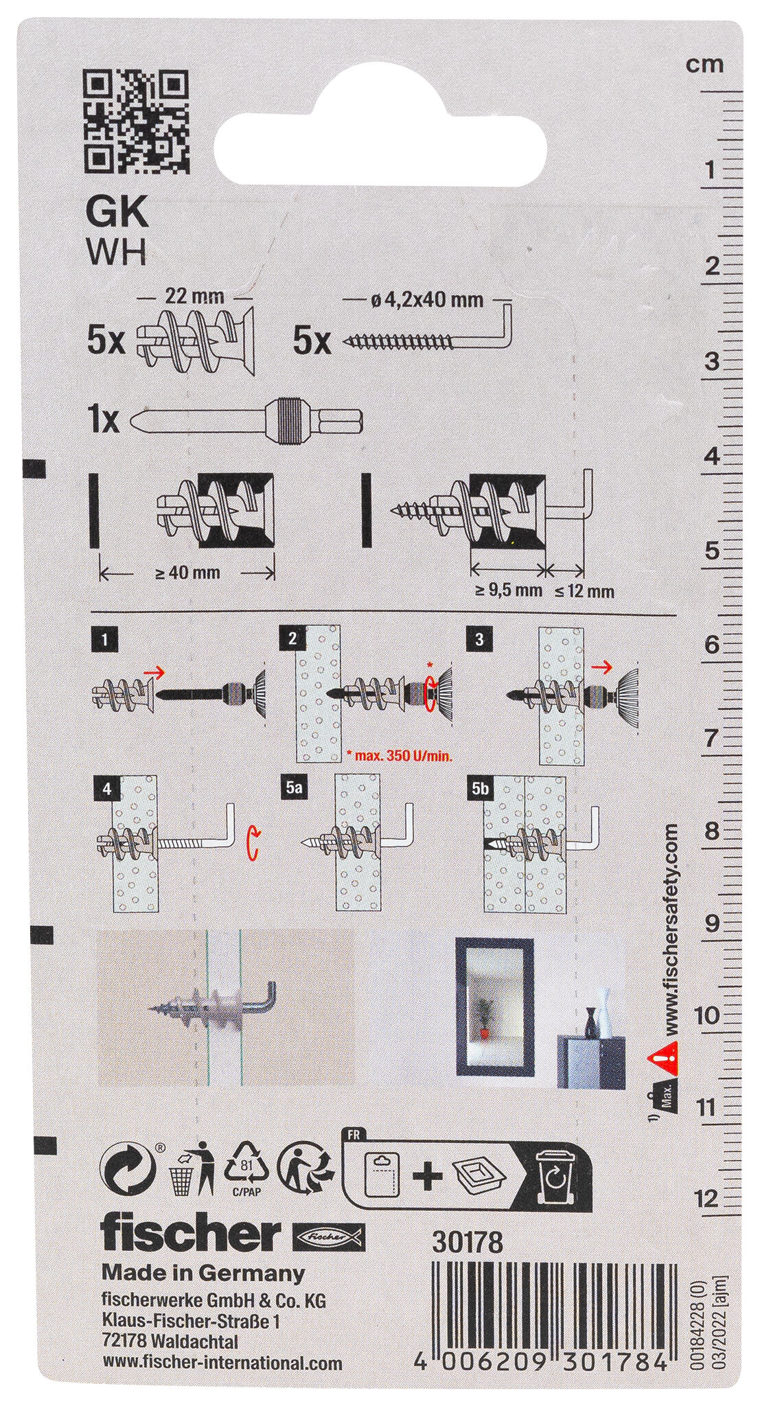 Packaging: "fischer Plasterboard fixing GK WH with round hook K SB-card"