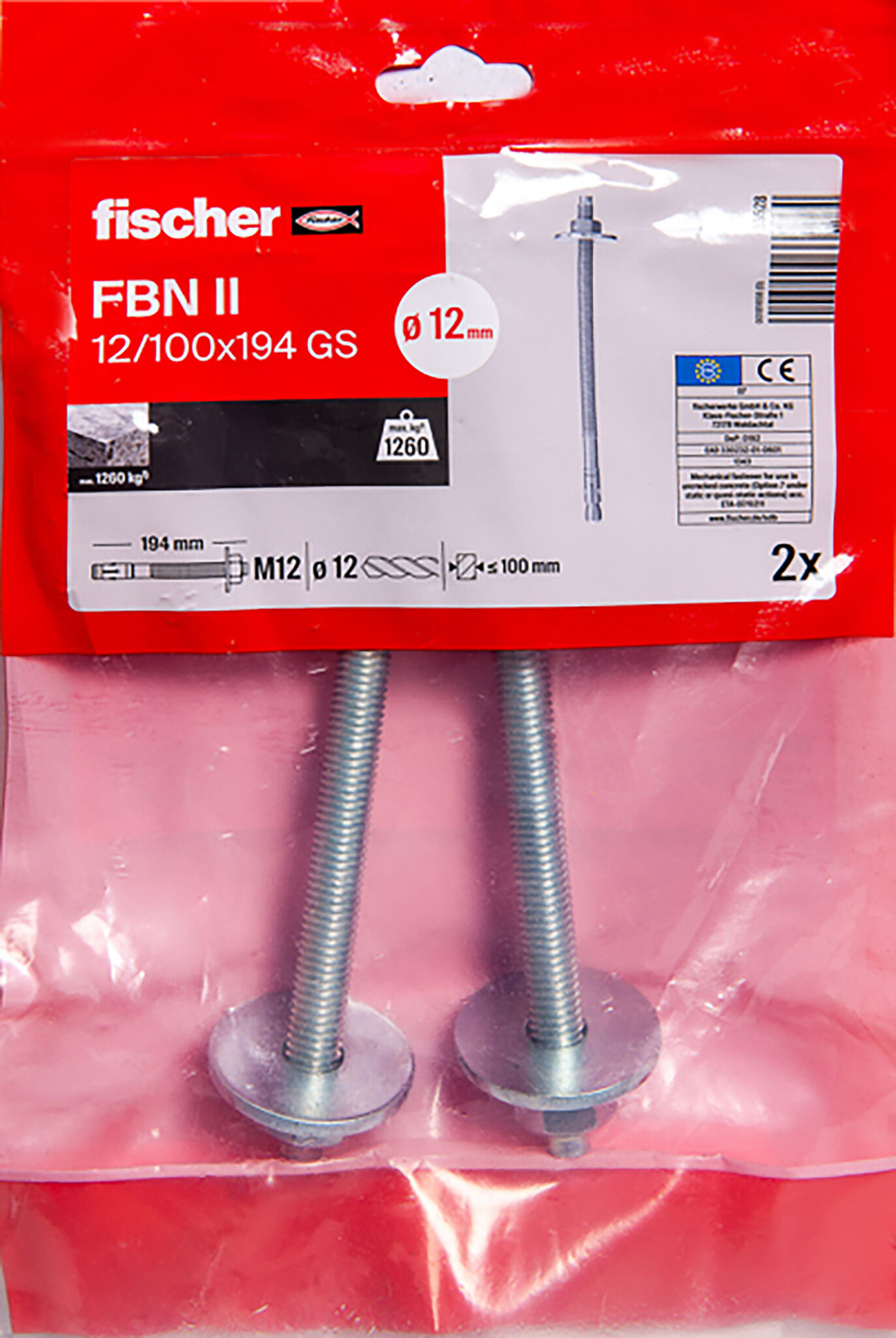 Packaging: "Goujon FBN II 12/100 x 194 GS avec rondelle large, en acier électrozingué"