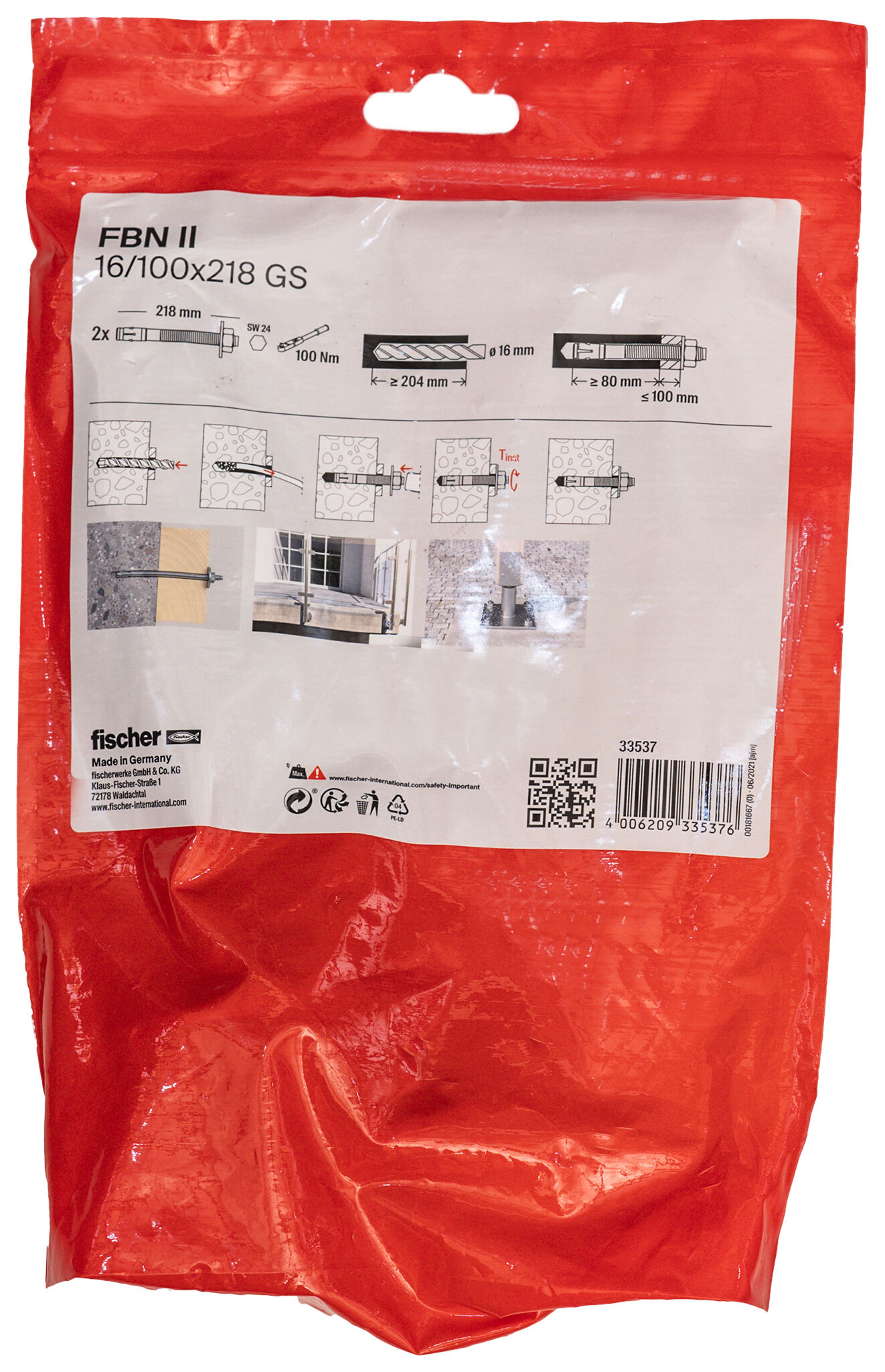 Packaging: "Goujon FBN II 16/100 x 218 GS avec rondelle large, en acier électrozingué"