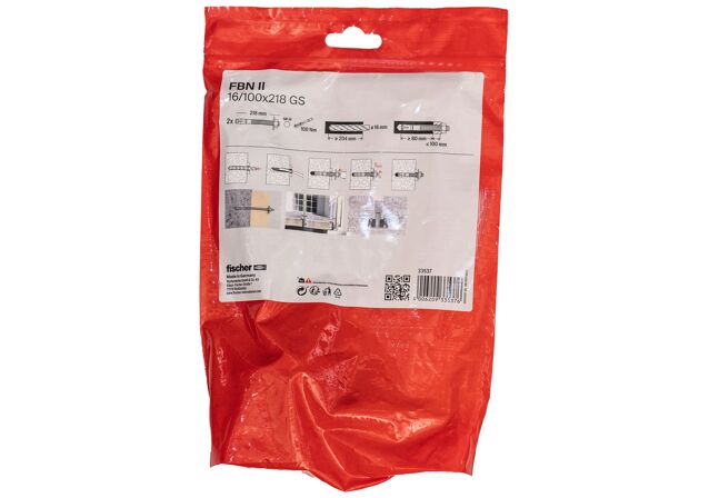 Packaging: "Goujon FBN II 16/100 x 218 GS avec rondelle large, en acier électrozingué"