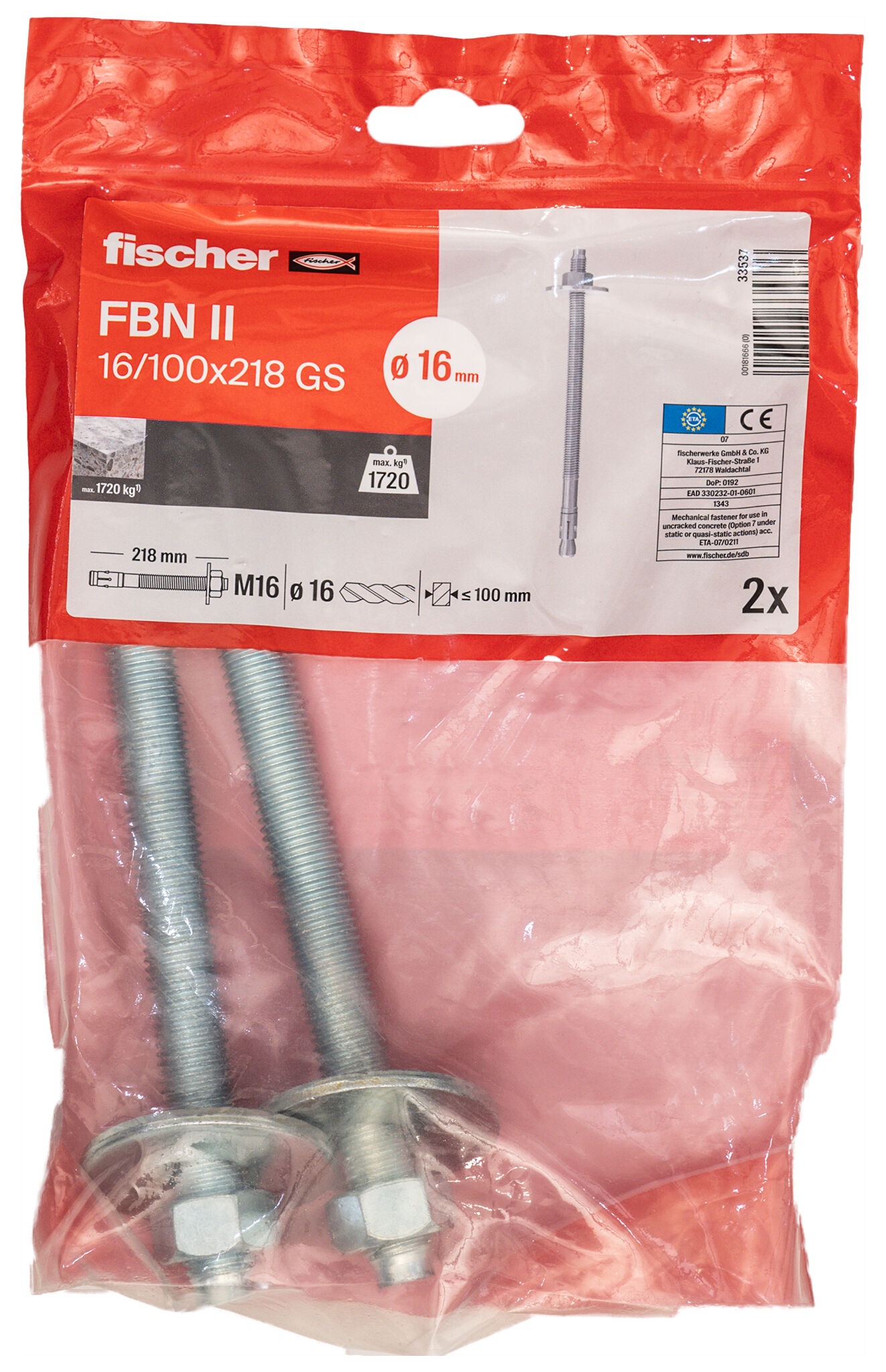 Packaging: "Goujon FBN II 16/100 x 218 GS avec rondelle large, en acier électrozingué"