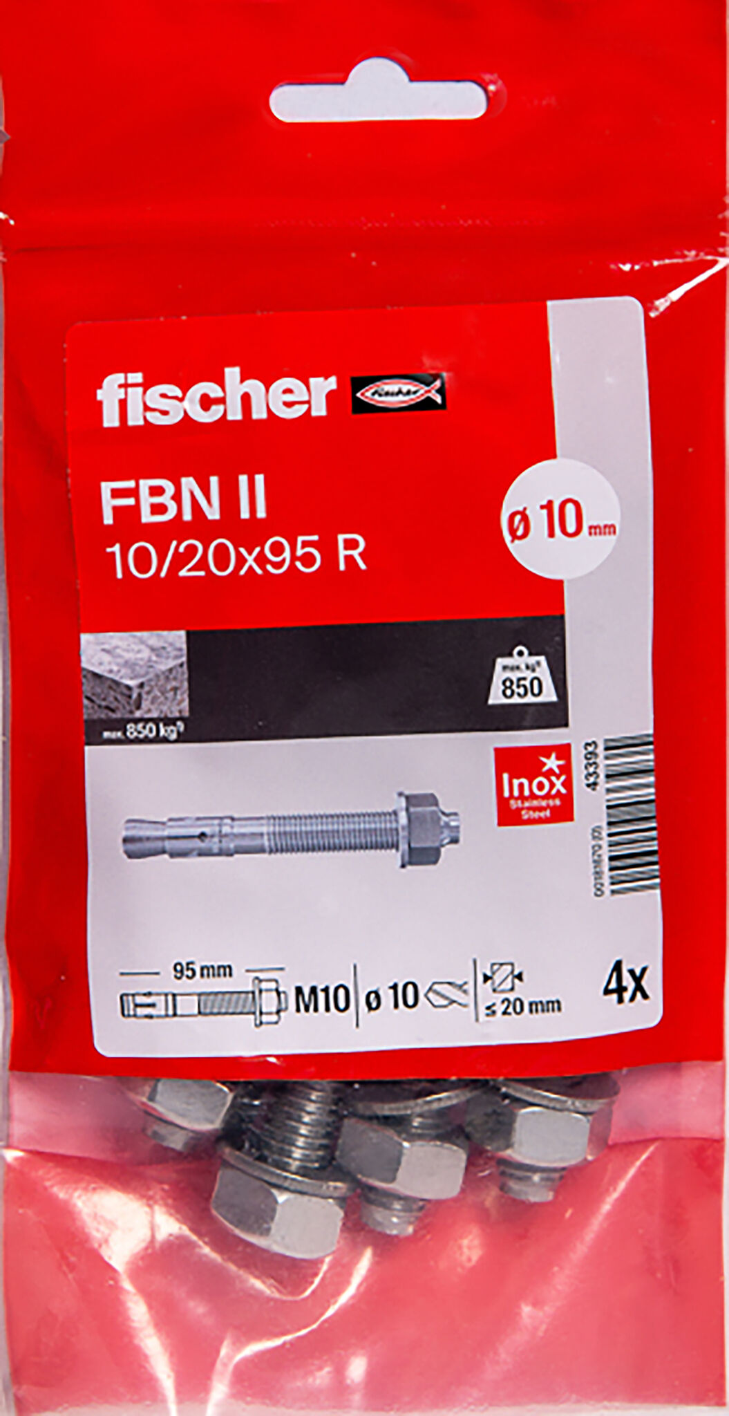 Packaging: "Goujon FBN II 10/20 x 95 A4 /4B en acier inoxydable"