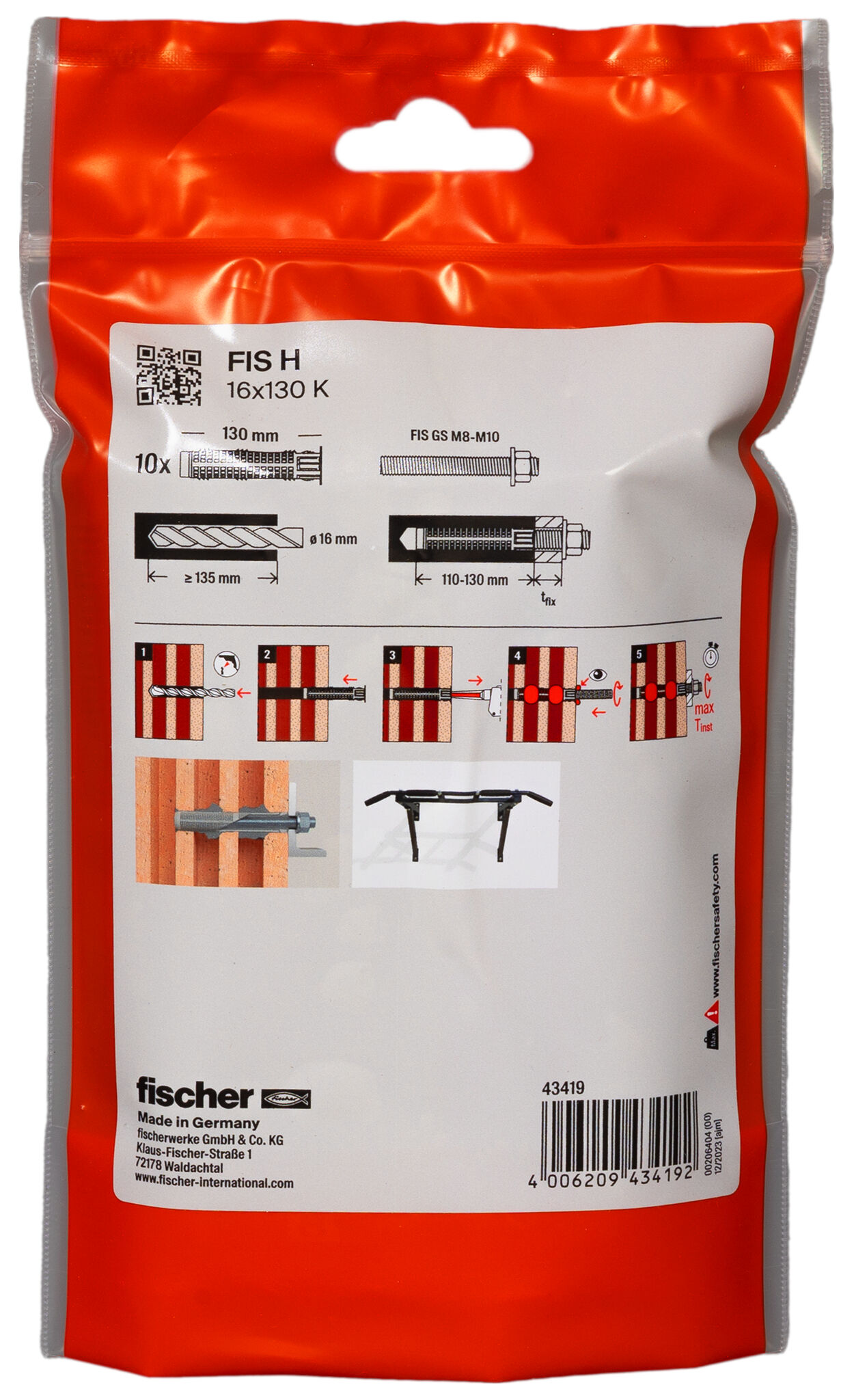 Packaging: "Tamis d'injection FIS 16X130 /10B en plastique"