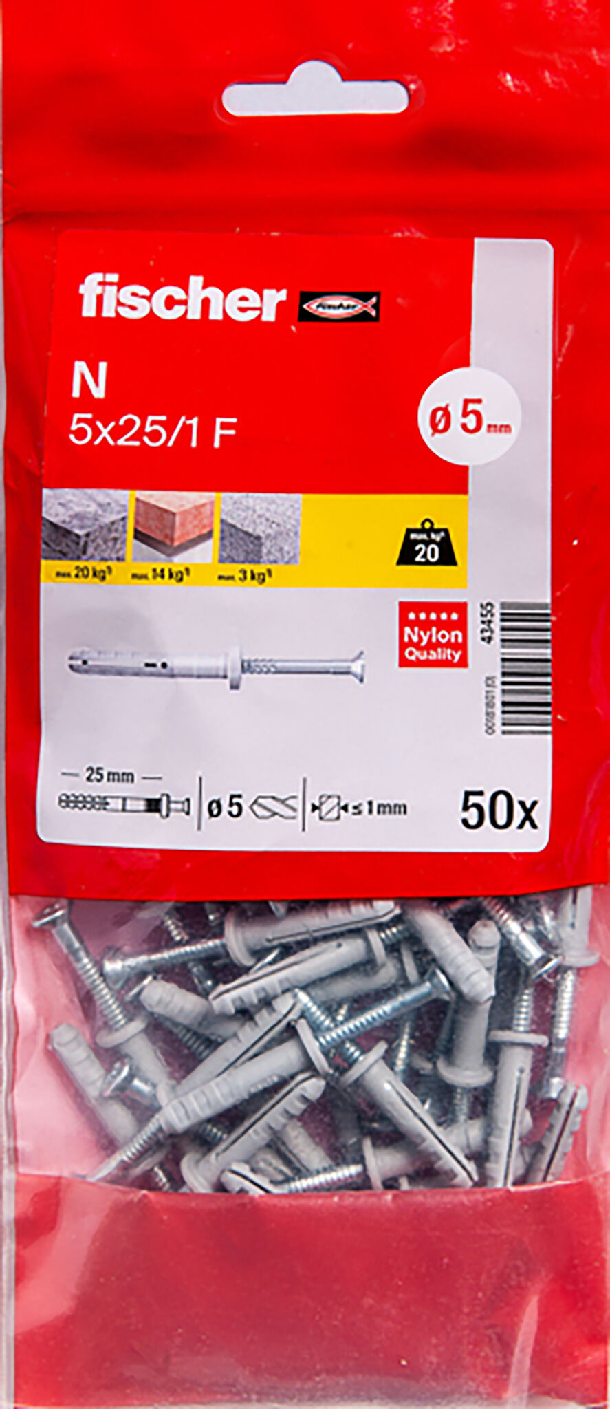 Packaging: "Cheville à frapper N 5X25/1 F /50B en acier électrozingué"