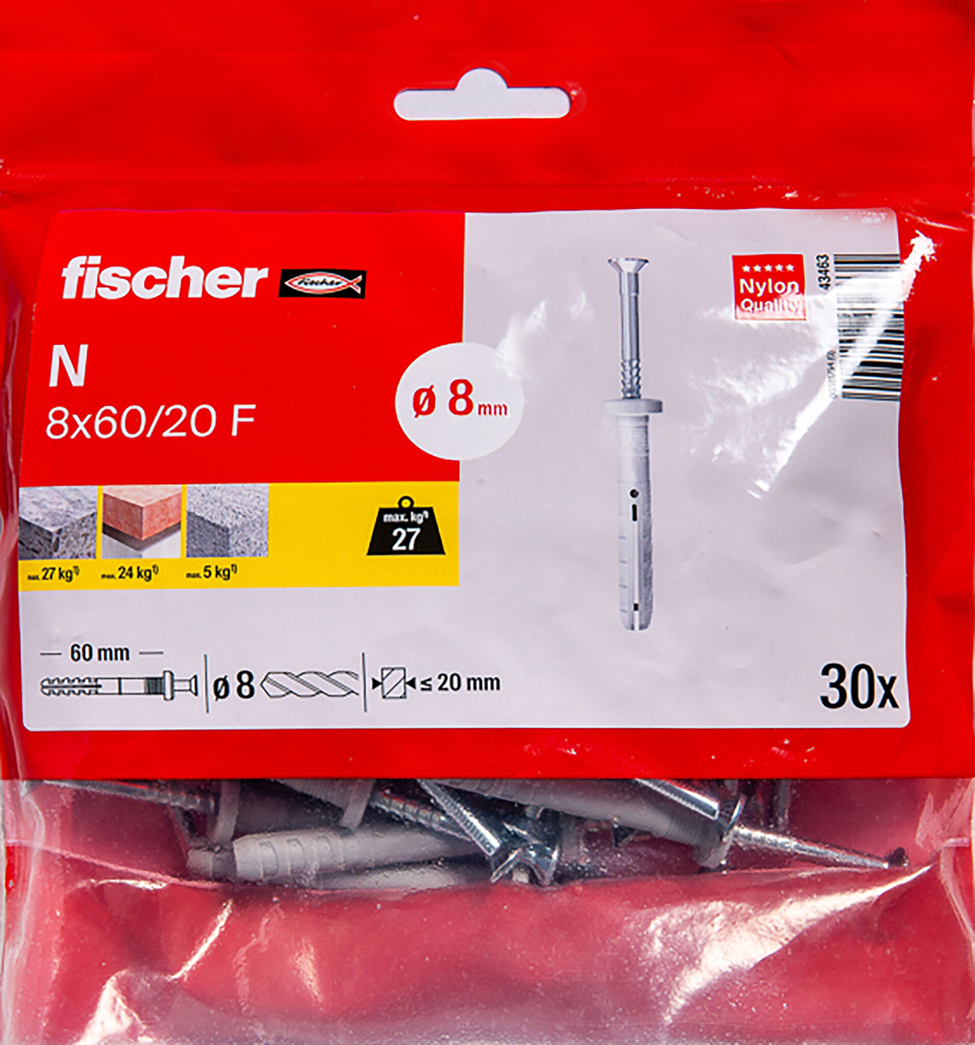 Packaging: "Cheville à frapper N 8X60/20 F /30B en acier électrozingué"