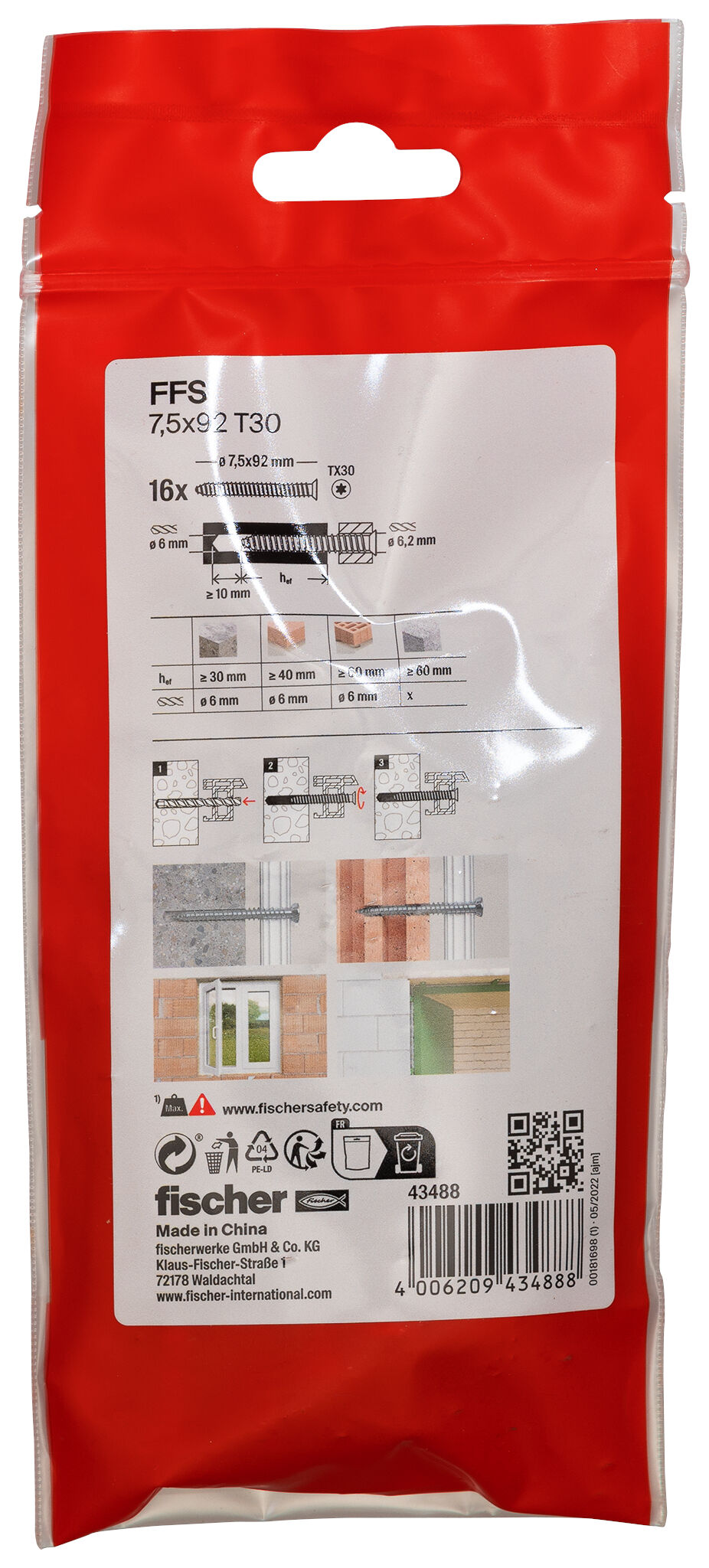 Packaging: "Vis de fixation pour cadres FFS 7,5 x 92 à tête plate"