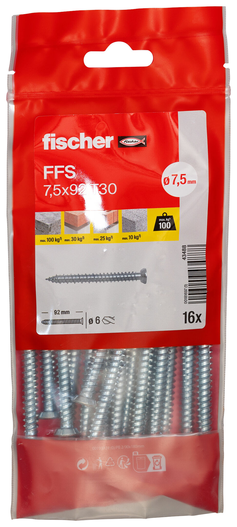 Packaging: "Vis de fixation pour cadres FFS 7,5 x 92 à tête plate"