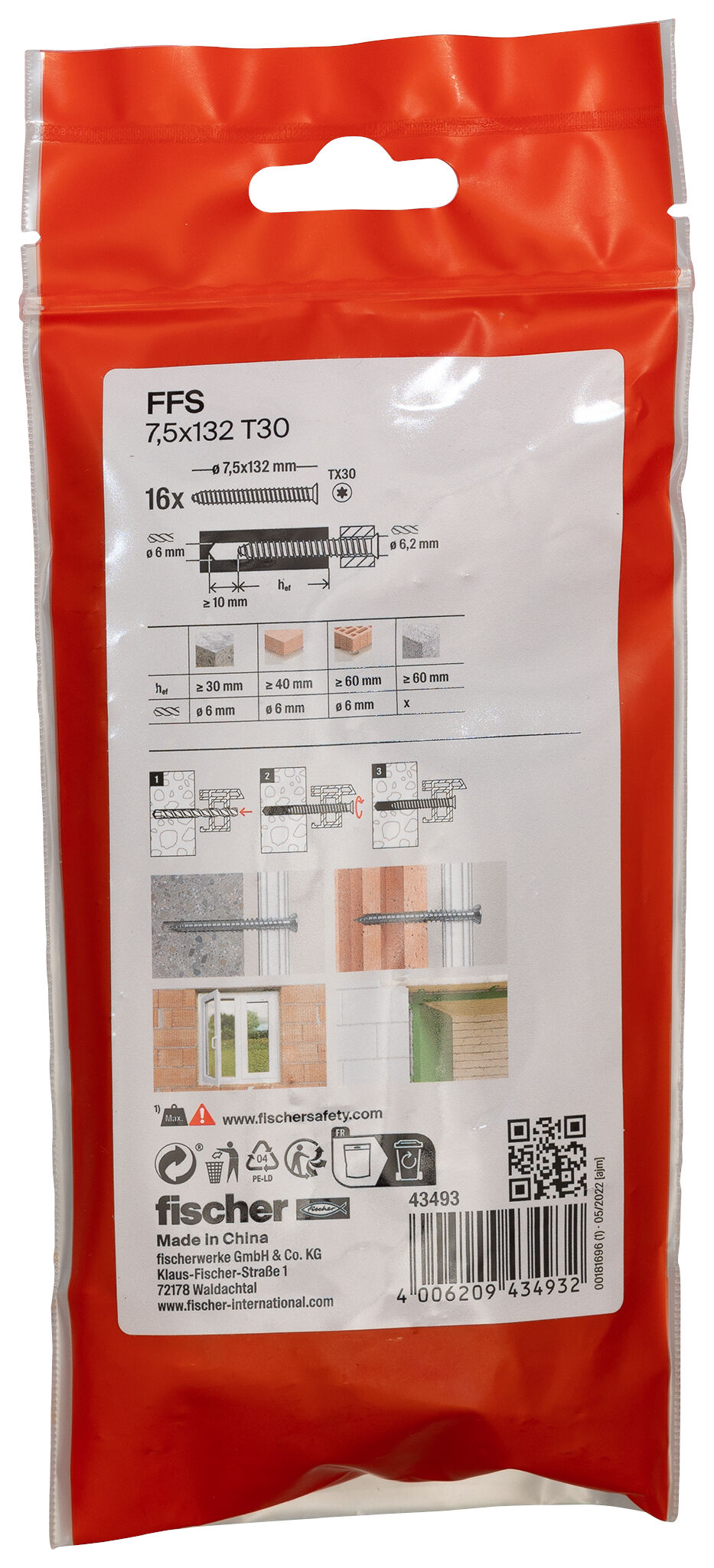 Packaging: "Vis de fixation pour cadres FFS 7,5 x 132 à tête plate"