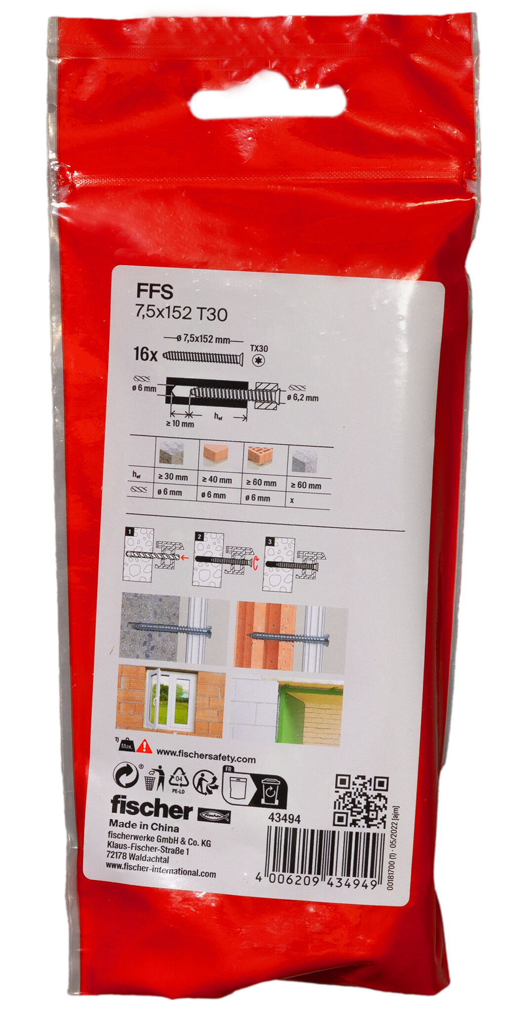 Packaging: "Vis de fixation pour cadres FFS 7,5 x 152 à tête plate"