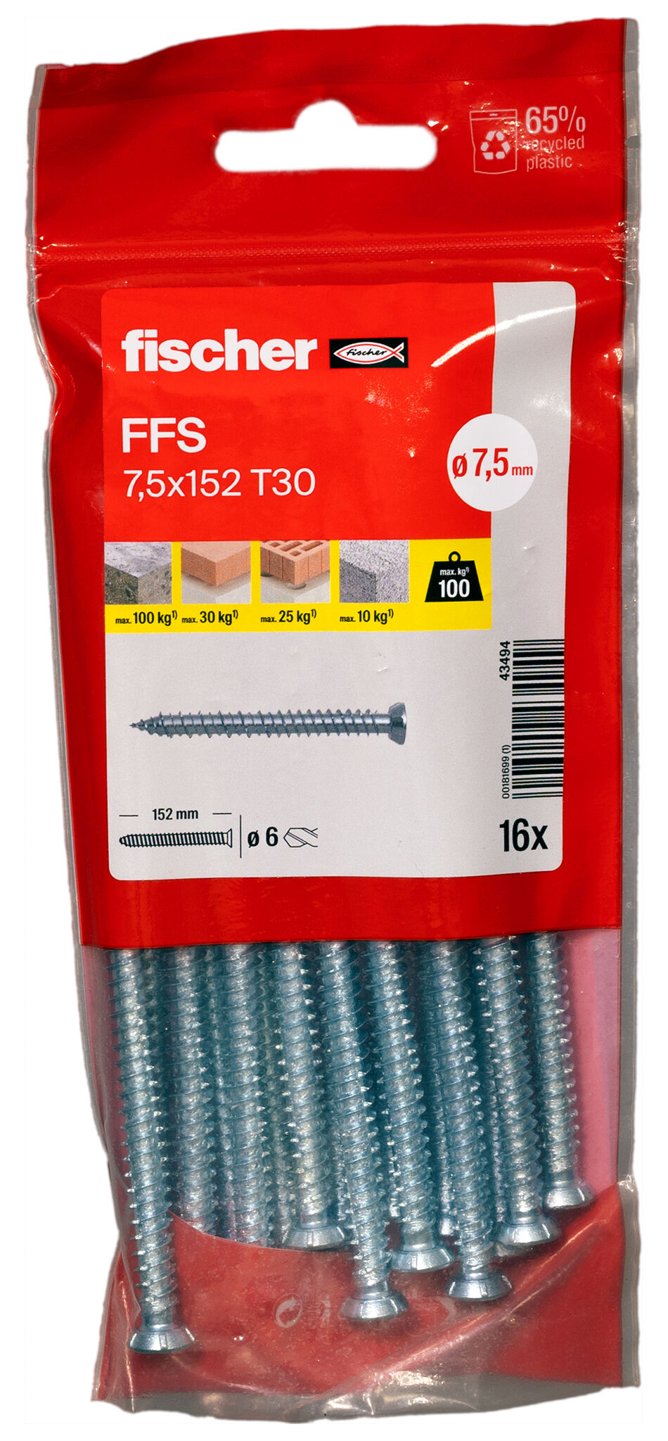 Packaging: "Vis de fixation pour cadres FFS 7,5 x 152 à tête plate"