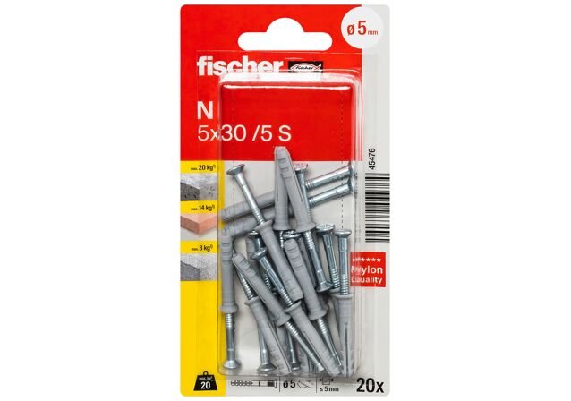 Packaging: "fischer natĺkacia hmoždinka N 5 x 30/5 S so zápustnou hlavou K NV"