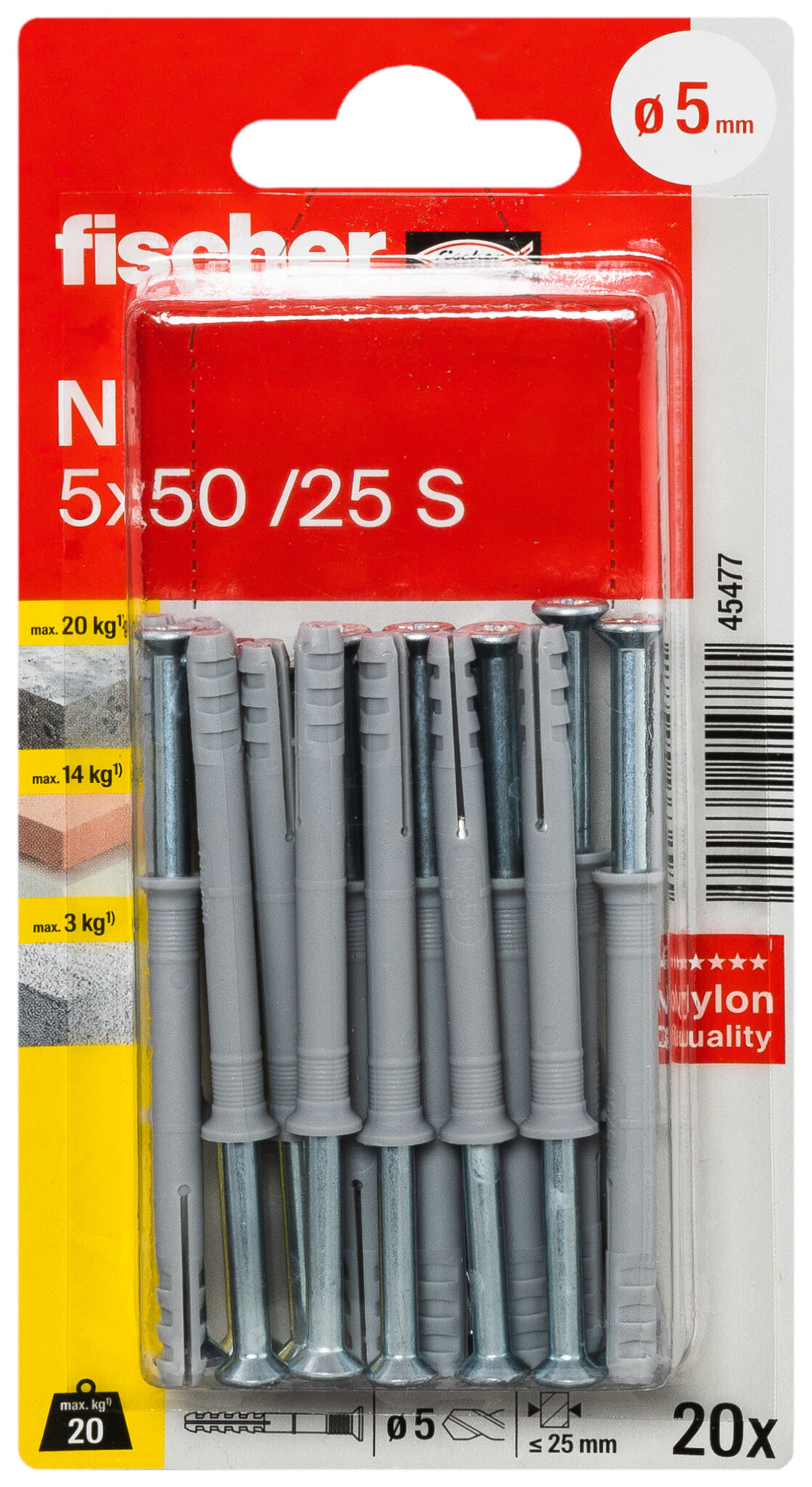 Verpackung: "fischer Nageldübel N 5 x 50 / 25 S mit Schraube"