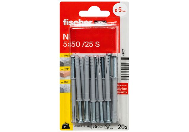 Verpackung: "fischer Nageldübel N 5 x 50 / 25 S mit Schraube"