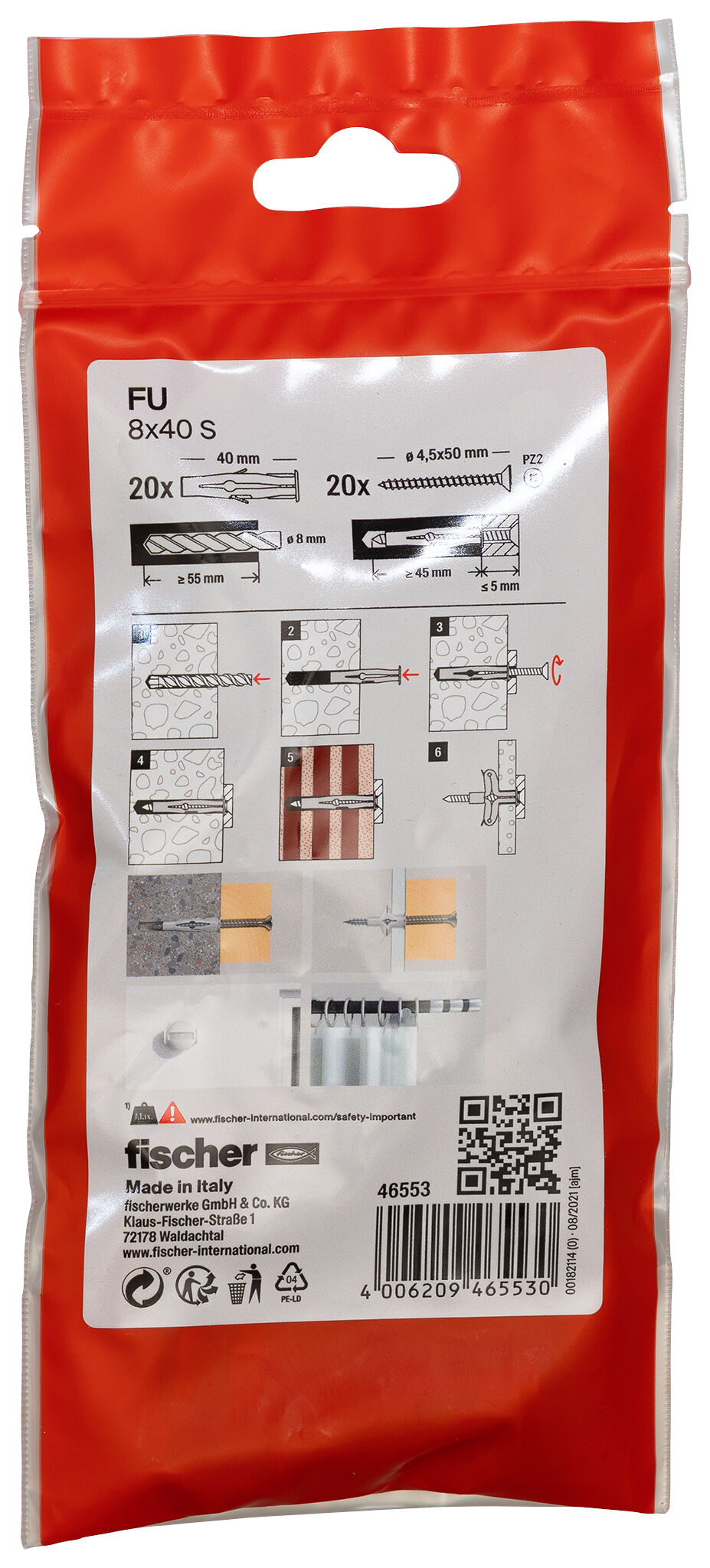 Packaging: "Cheville universelle FU 8X40 S/20 B avec vis"