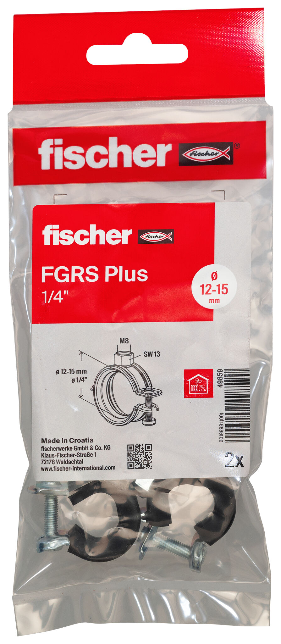Packaging: "fischer Hinged pipe clamp FGRS Plus 1/4" B"
