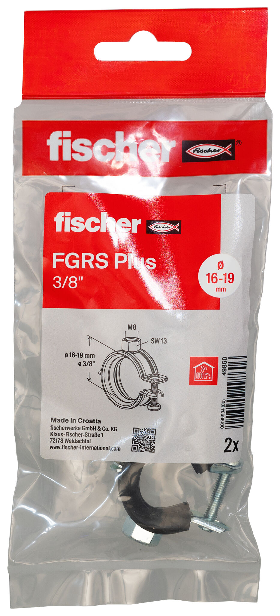 Packaging: "fischer Hinged pipe clamp FGRS Plus 3/8" B"