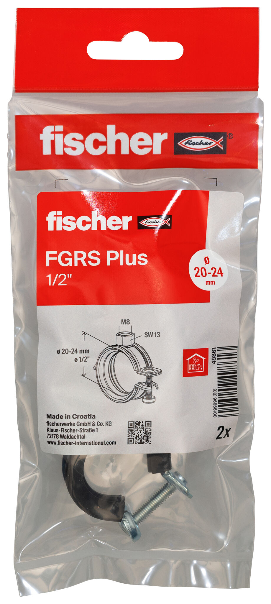 Packaging: "fischer Hinged pipe clamp FGRS Plus 1/2" B"