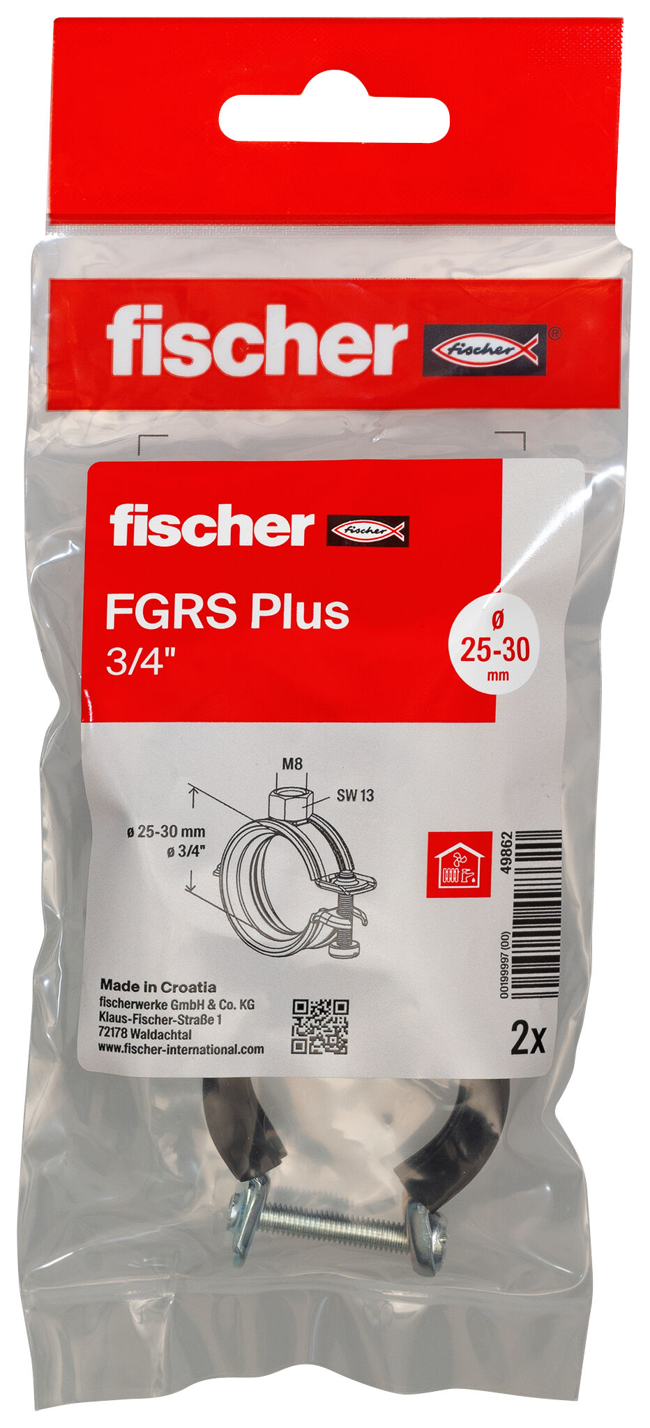 Packaging: "fischer Hinged pipe clamp FGRS Plus 3/4" B"