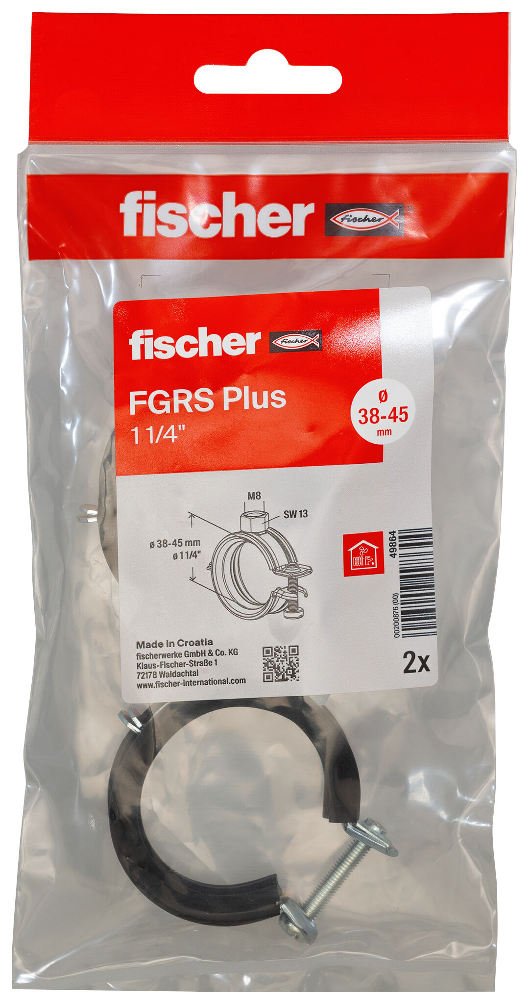 Packaging: "fischer Hinged pipe clamp FGRS Plus 1 1/4" B"