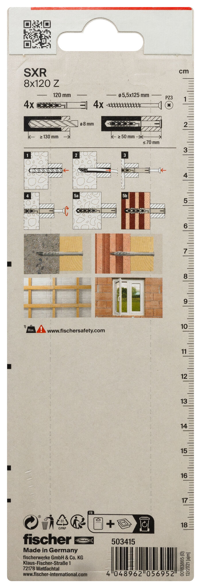 Packaging: "fischer Frame fixing SXR 8 x 120 Z with countersunk wood screw K SB-card"