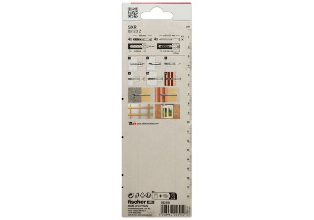 Packaging: "fischer Fasadeplugg SXR 8 x 120 Z med senkhode treskrue blisterkort"