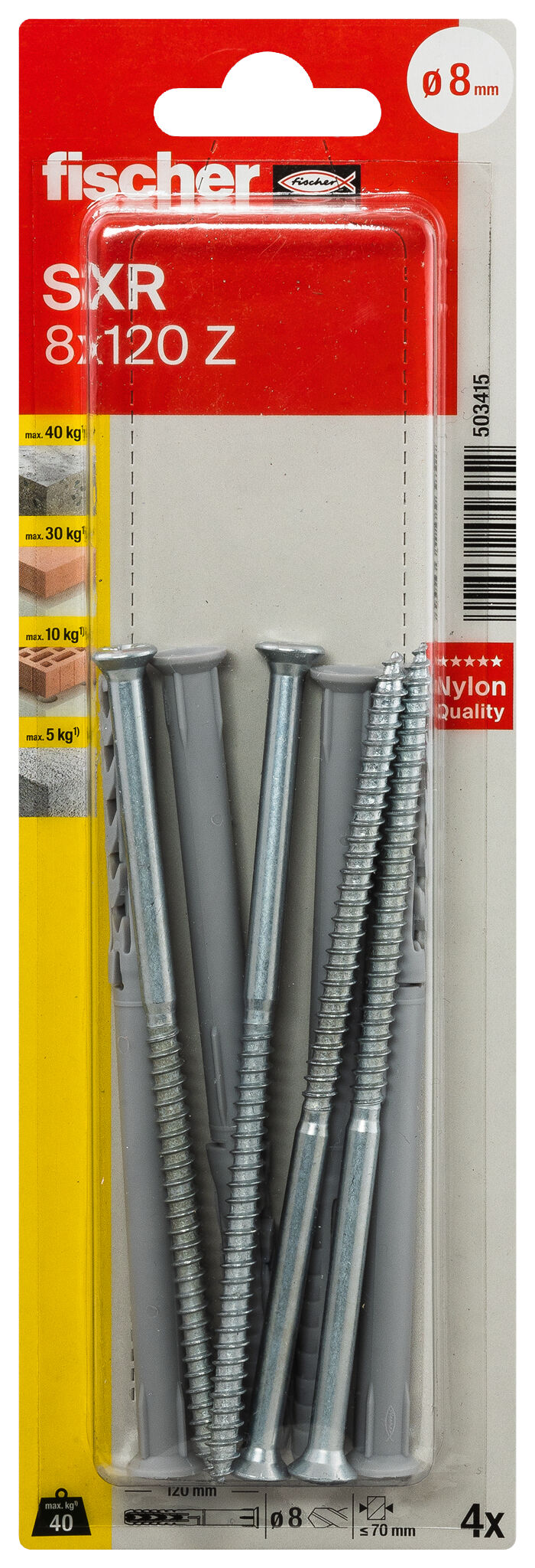 Packaging: "fischer Frame fixing SXR 8 x 120 Z with countersunk wood screw K SB-card"