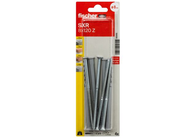 Packaging: "fischer Fasadeplugg SXR 8 x 120 Z med senkhode treskrue blisterkort"