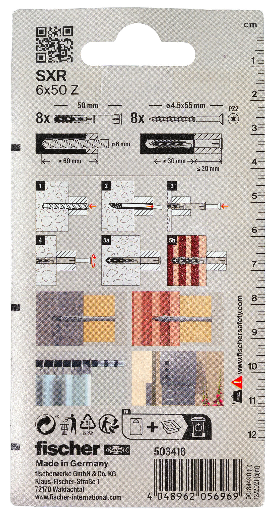Packaging: "fischer Frame fixing SXR 6 x 50 T with countersunk wood screw K SB-card"