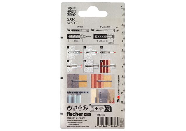 Packaging: "fischer Frame fixing SXR 6 x 50 T with countersunk wood screw K SB-card"