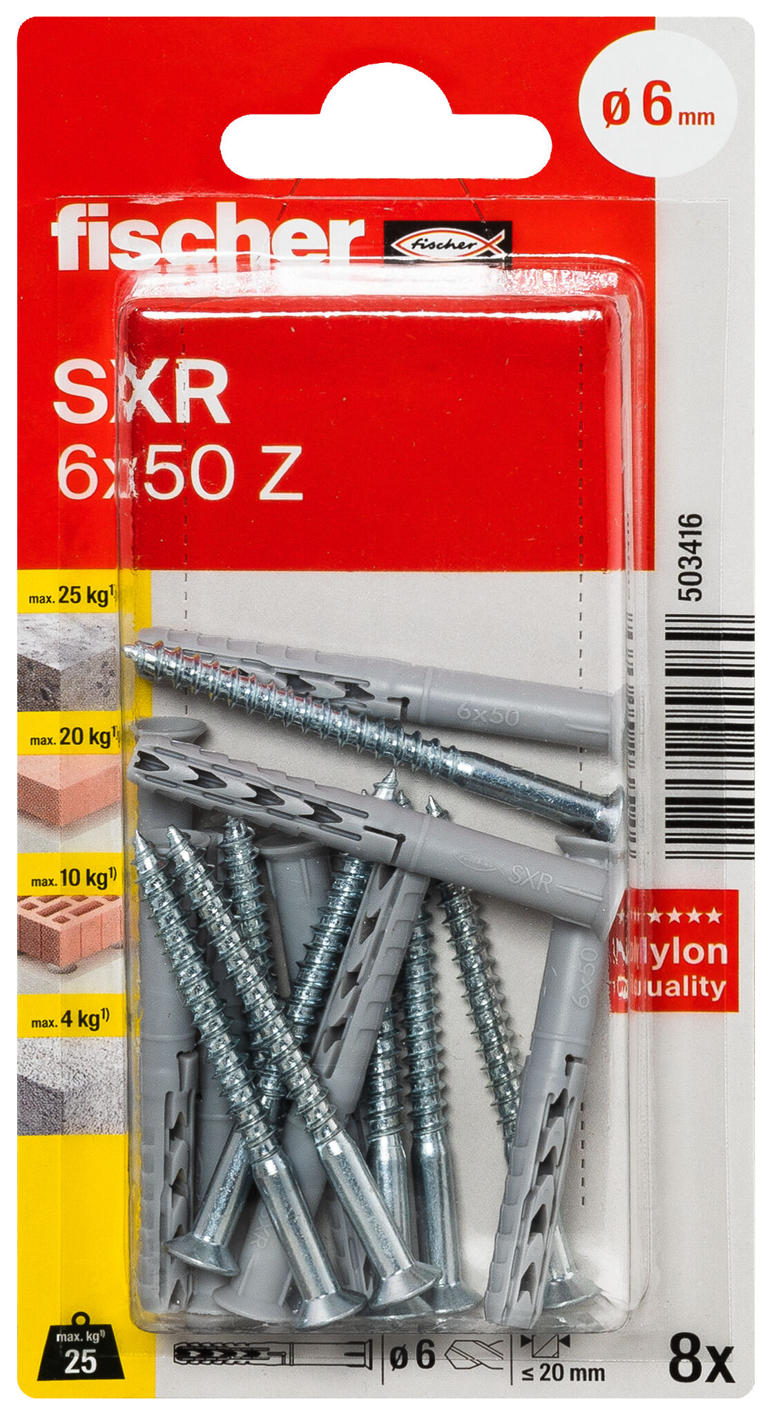 Packaging: "fischer Frame fixing SXR 6 x 50 T with countersunk wood screw K SB-card"