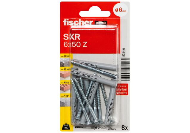 Packaging: "fischer Frame fixing SXR 6 x 50 T with countersunk wood screw K SB-card"