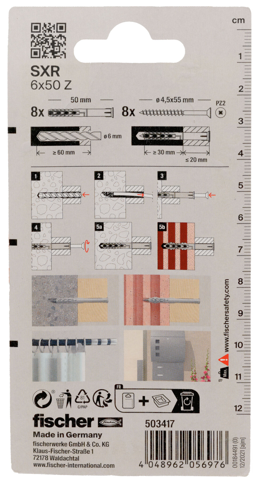 Packaging: "fischer Frame fixing SXR 6 x 50 Z with countersunk wood screw K SB-card"