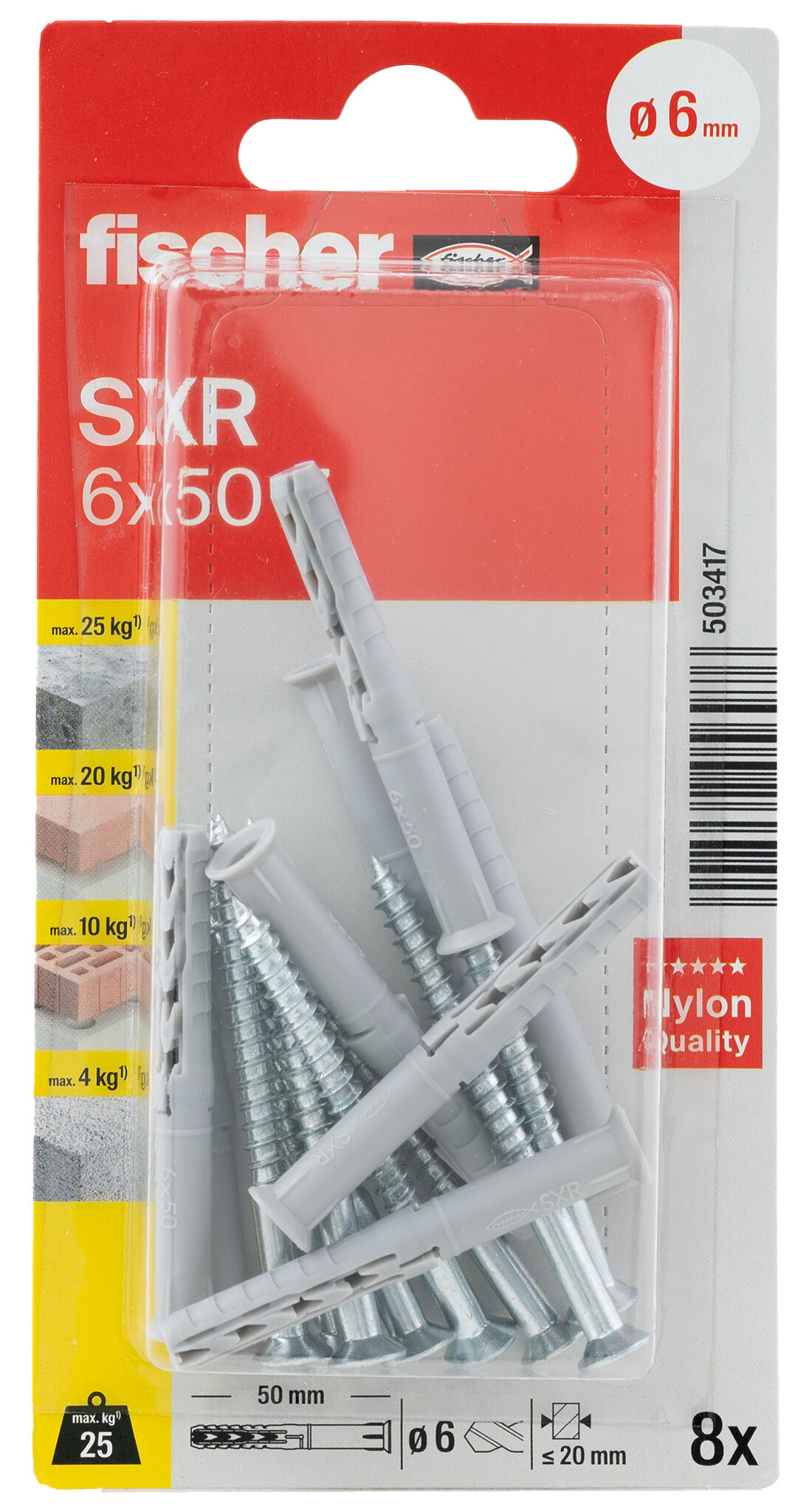 Packaging: "fischer Frame fixing SXR 6 x 50 Z with countersunk wood screw K SB-card"