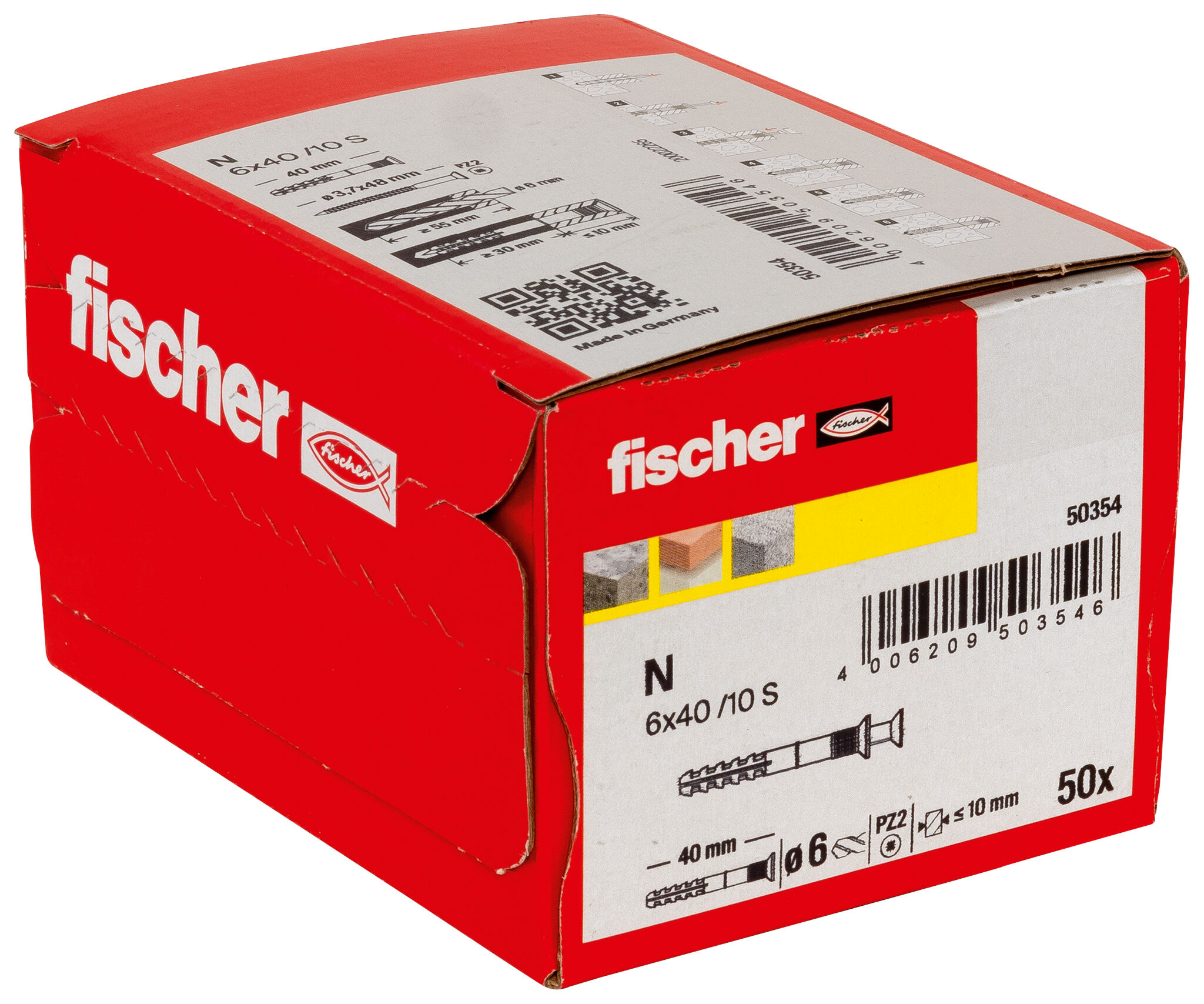 Packaging: "피셔 Hammerfix N 6 x 40/10 S 카운터성크(countersunk) 머리, 아연 도금, 종이 상자 포장"
