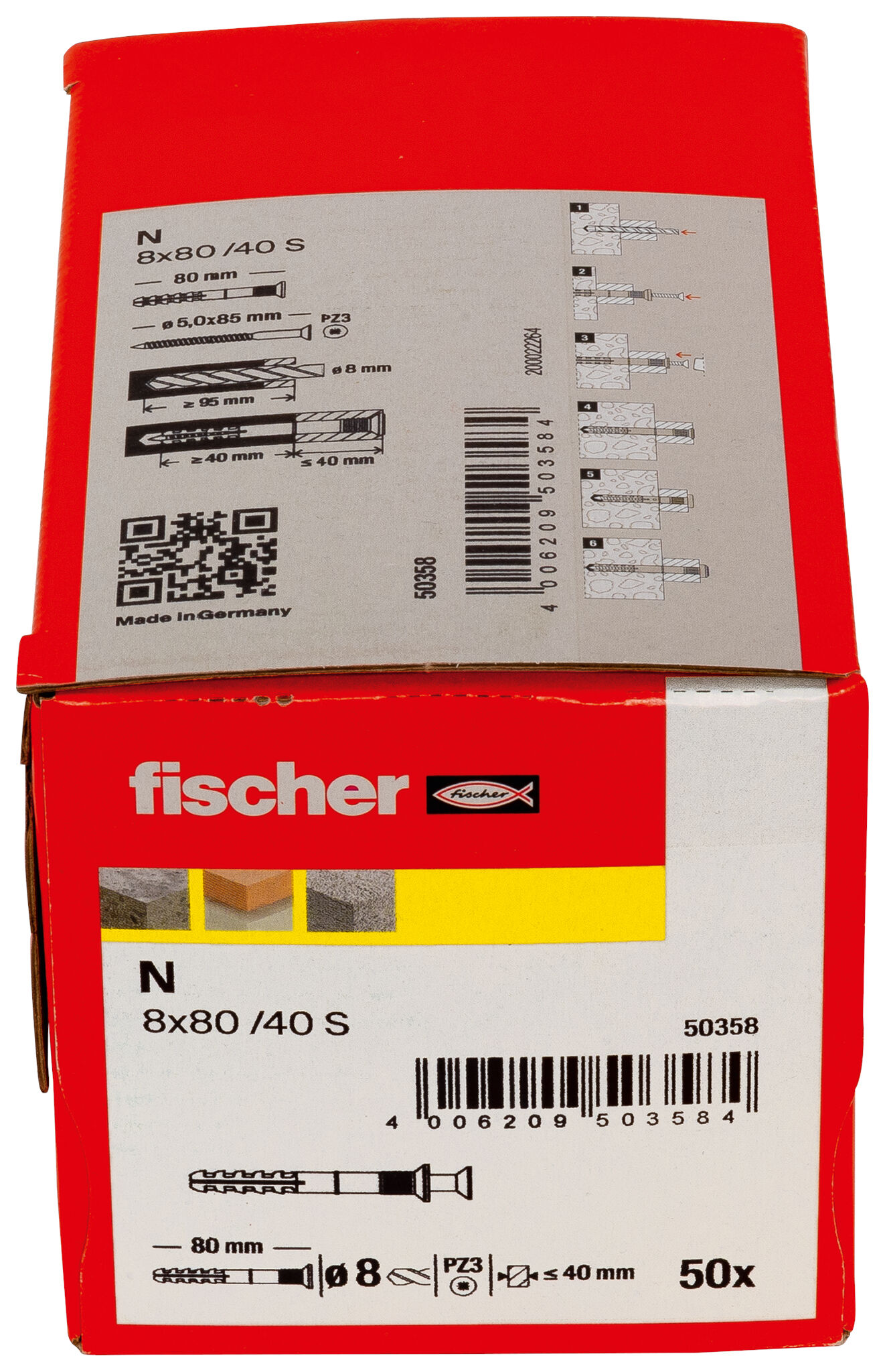 Packaging: "fischer Hammerfix N 8 x 80/40 S with countersunk head gvz carton"