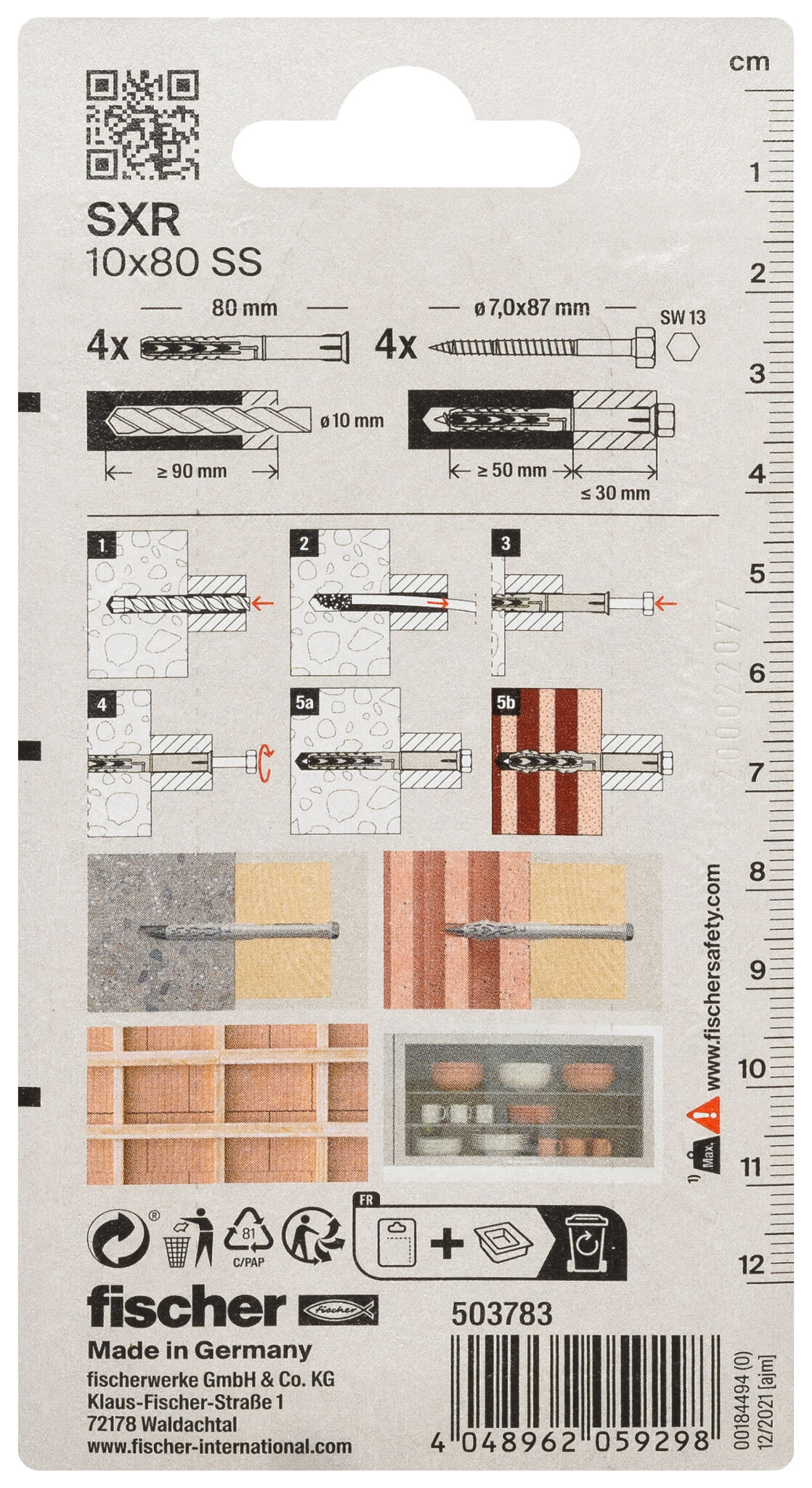 Packaging: "fischer Frame fixing SXR 10 x 80 SS K with hexagonal screw"