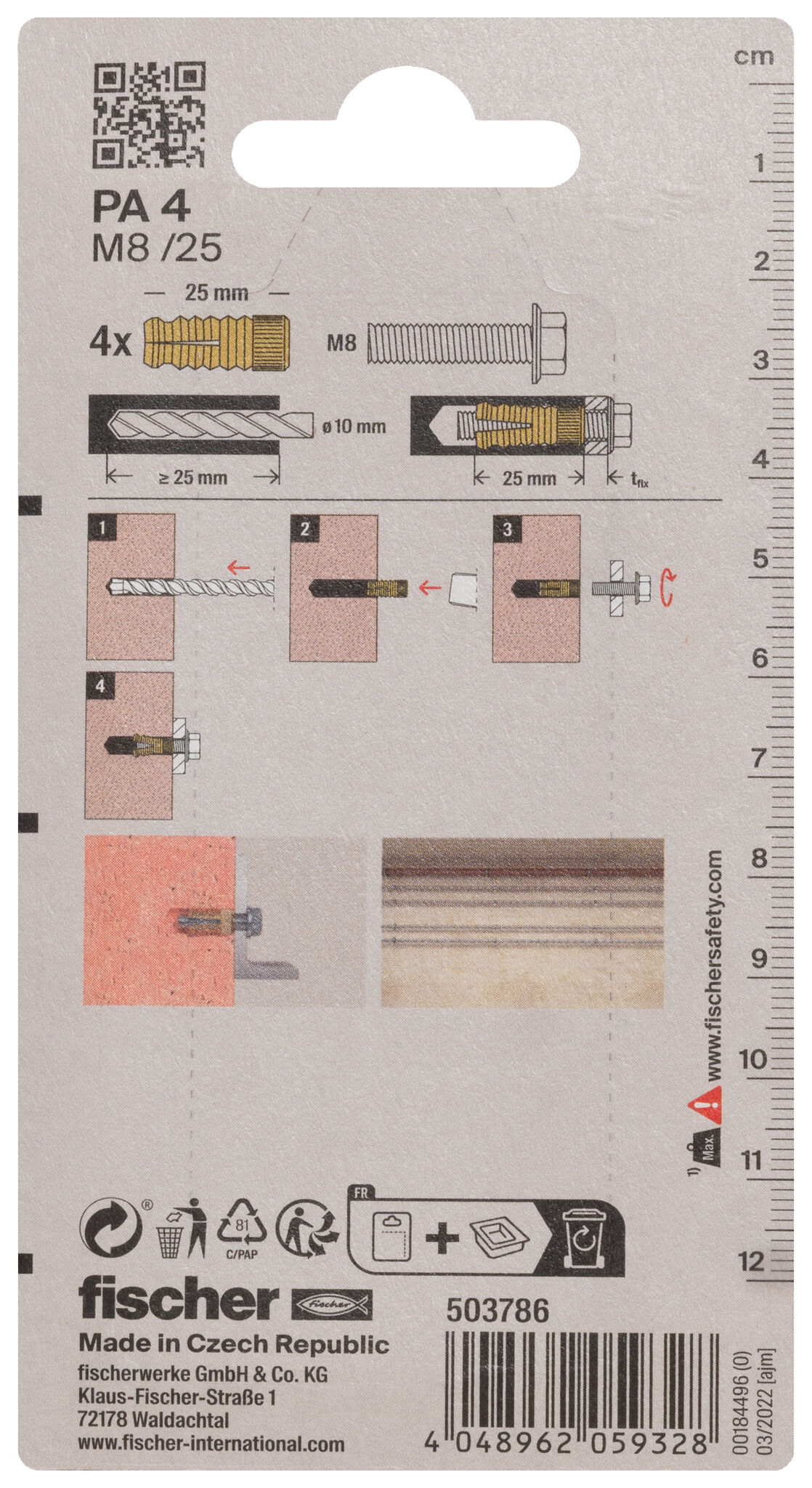 Packaging: "fischer Brass fixing PA 4 M8/25 K SB-card"