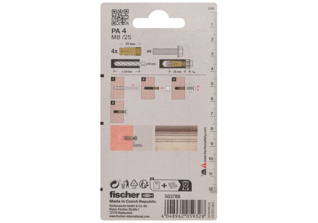 Packaging: "fischer Brass fixing PA 4 M8/25 K SB-card"