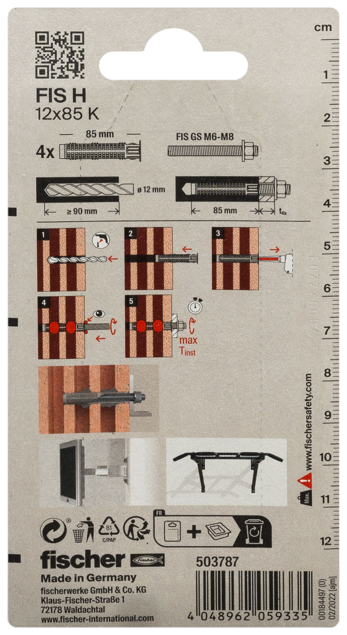Packaging: "fischer Injection anchor sleeve FIS H 12 x 85 K plastic SB-card"