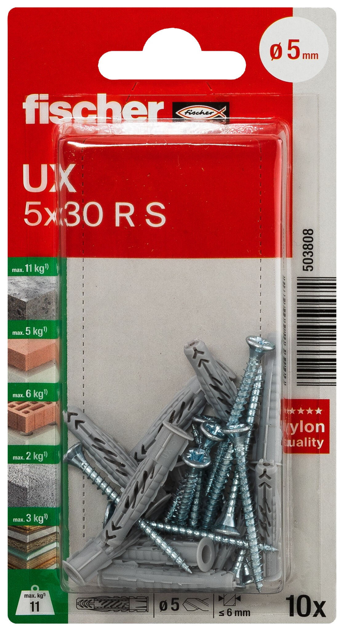 Packaging: "fischer Universal plug UX 5 x 30 R with rim and screw"