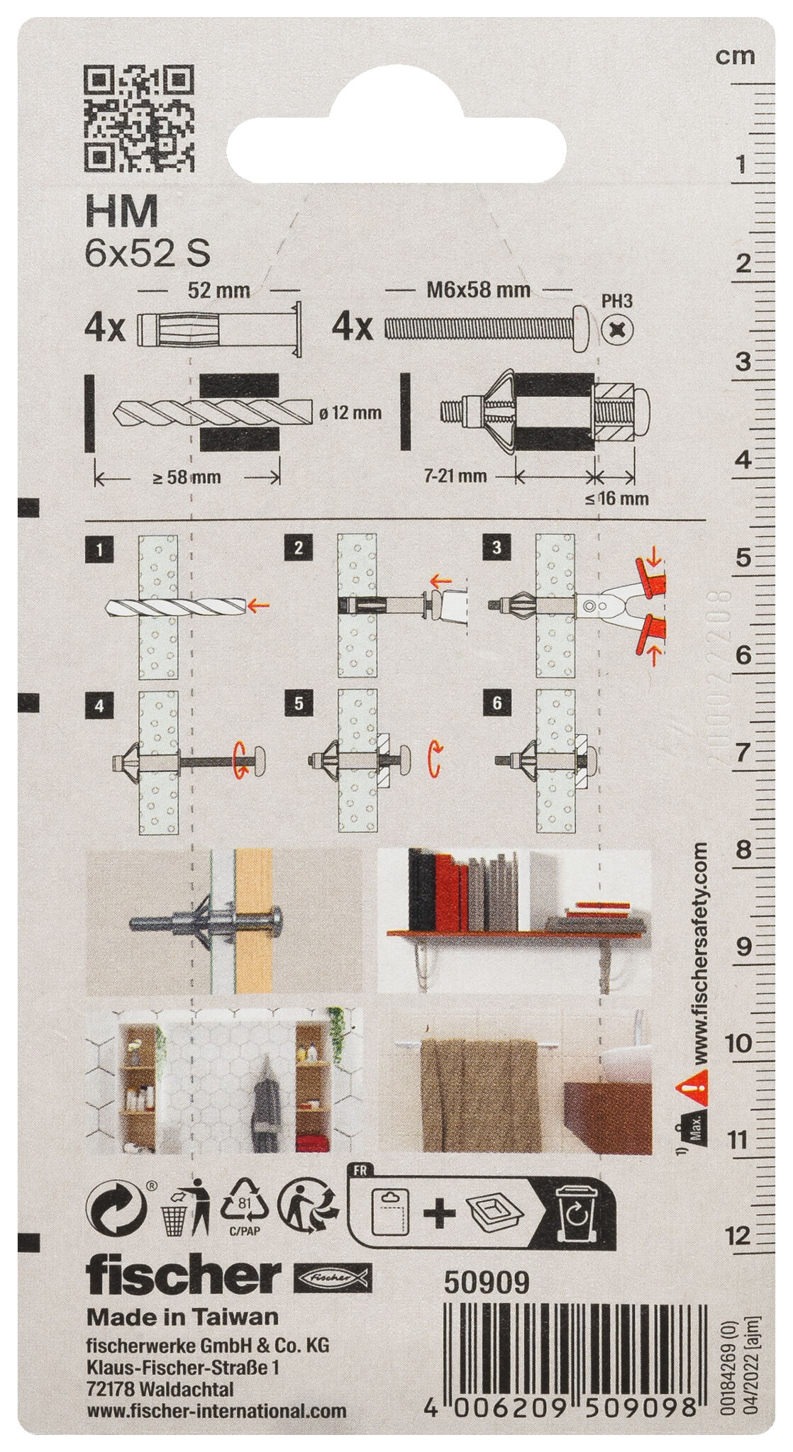 Verpackung: "fischer Hohlraum-Metalldübel HM 6 x 52 S mit metrischer Schraube"