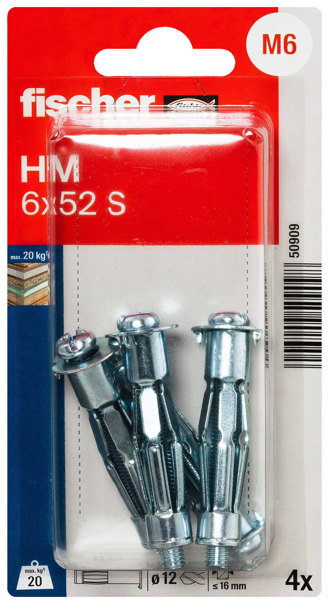 Verpackung: "fischer Hohlraum-Metalldübel HM 6 x 52 S mit metrischer Schraube"