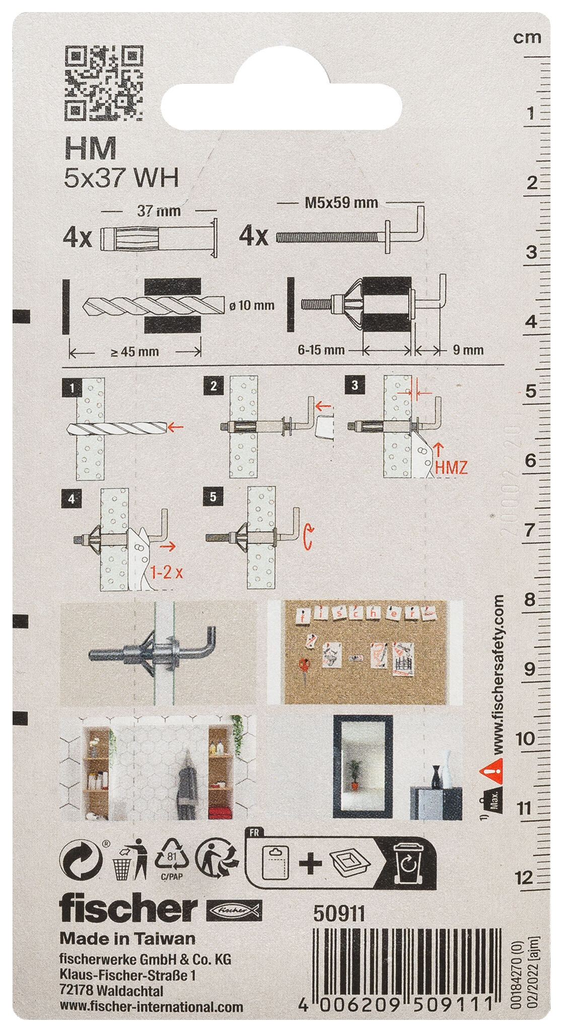 Verpackung: "fischer Hohlraum-Metalldübel HM 5 x 37 H mit Winkelhaken"