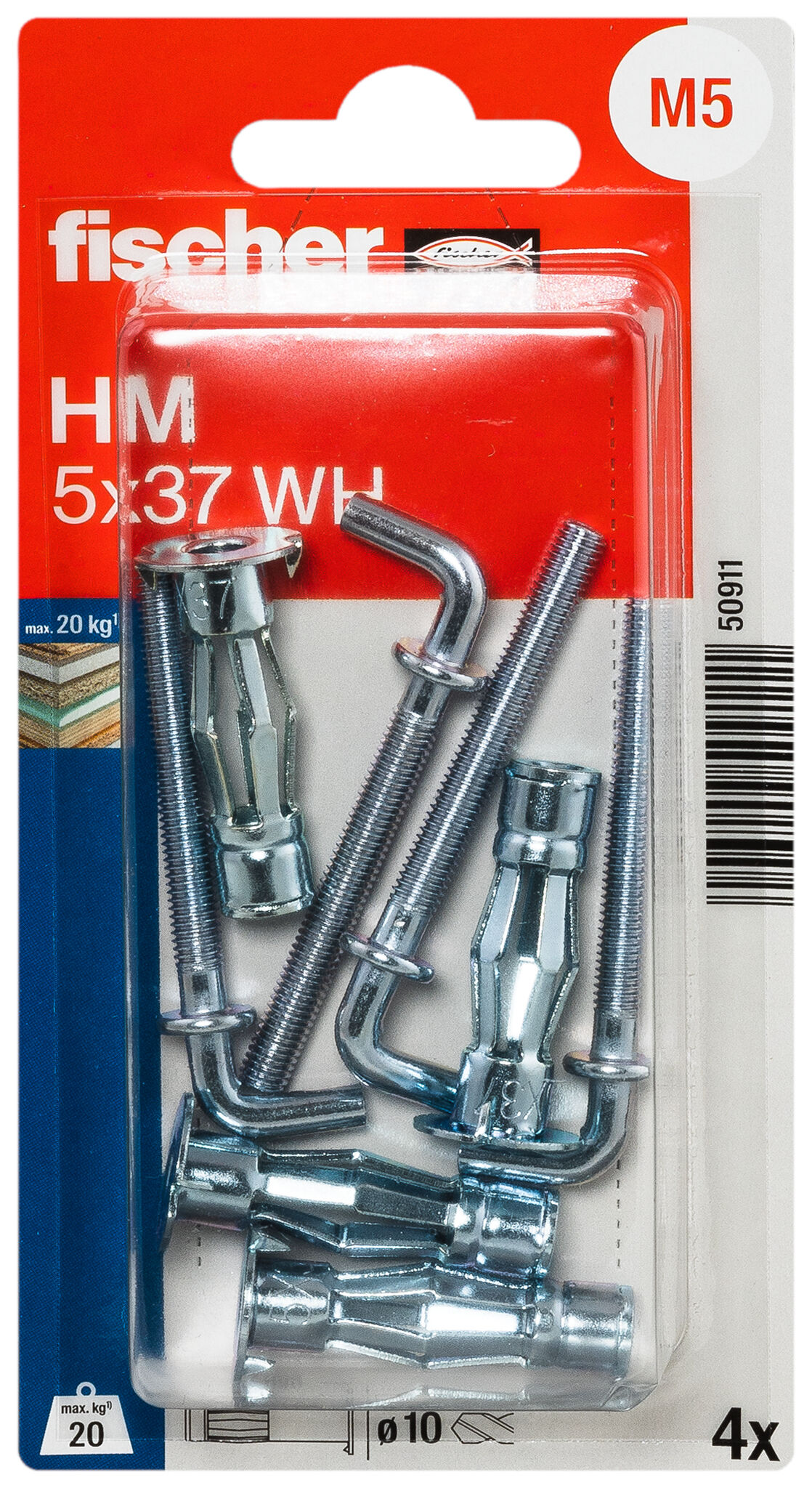 Verpackung: "fischer Hohlraum-Metalldübel HM 5 x 37 H mit Winkelhaken"