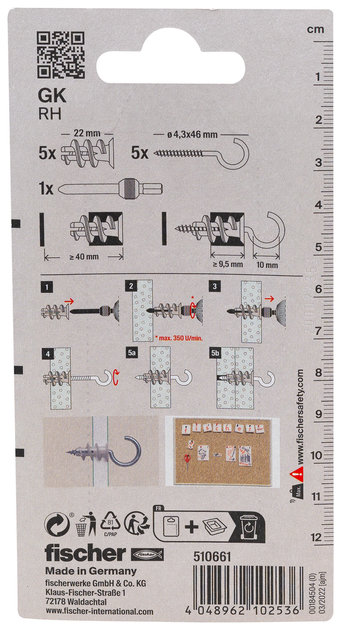 Packaging: "fischer Plasterboard fixing GK RH with round hook K SB-card"