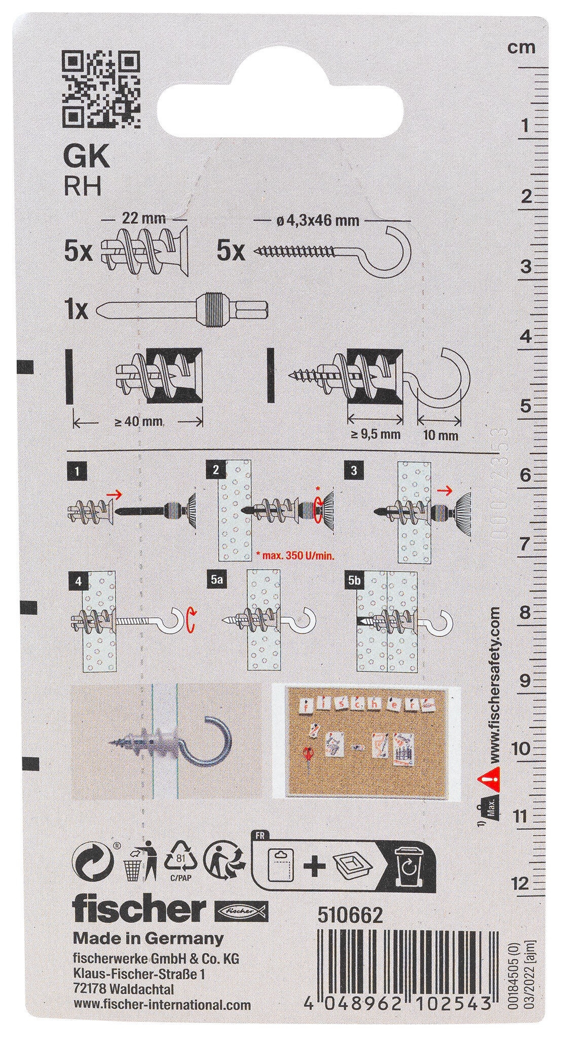 Packaging: "fischer Plasterboard fixing GK RH with round hook"